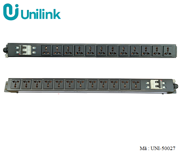 Thanh nguồn PDU 12 ổ cắm 3 chấu đa năng lắp dọc tủ 20U, MCB 2P 32A UNI-50027